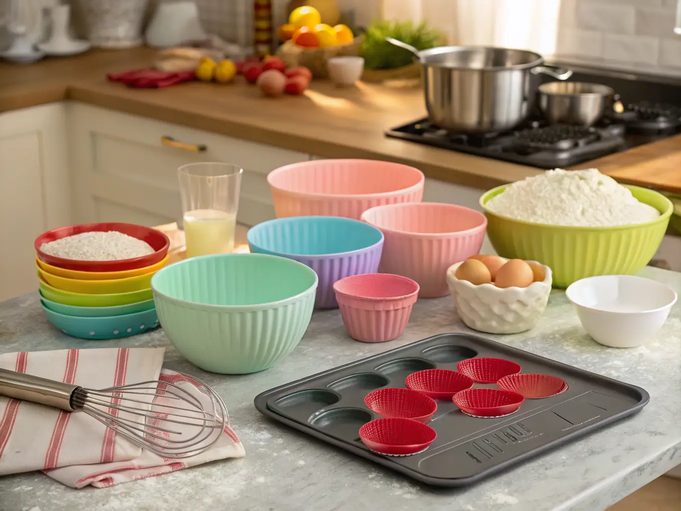 A vibrant image displaying Pop Cookie's range of decorating tools, such as piping bags, nozzles, spatulas, and fondant smoothers, set against a colorful background.