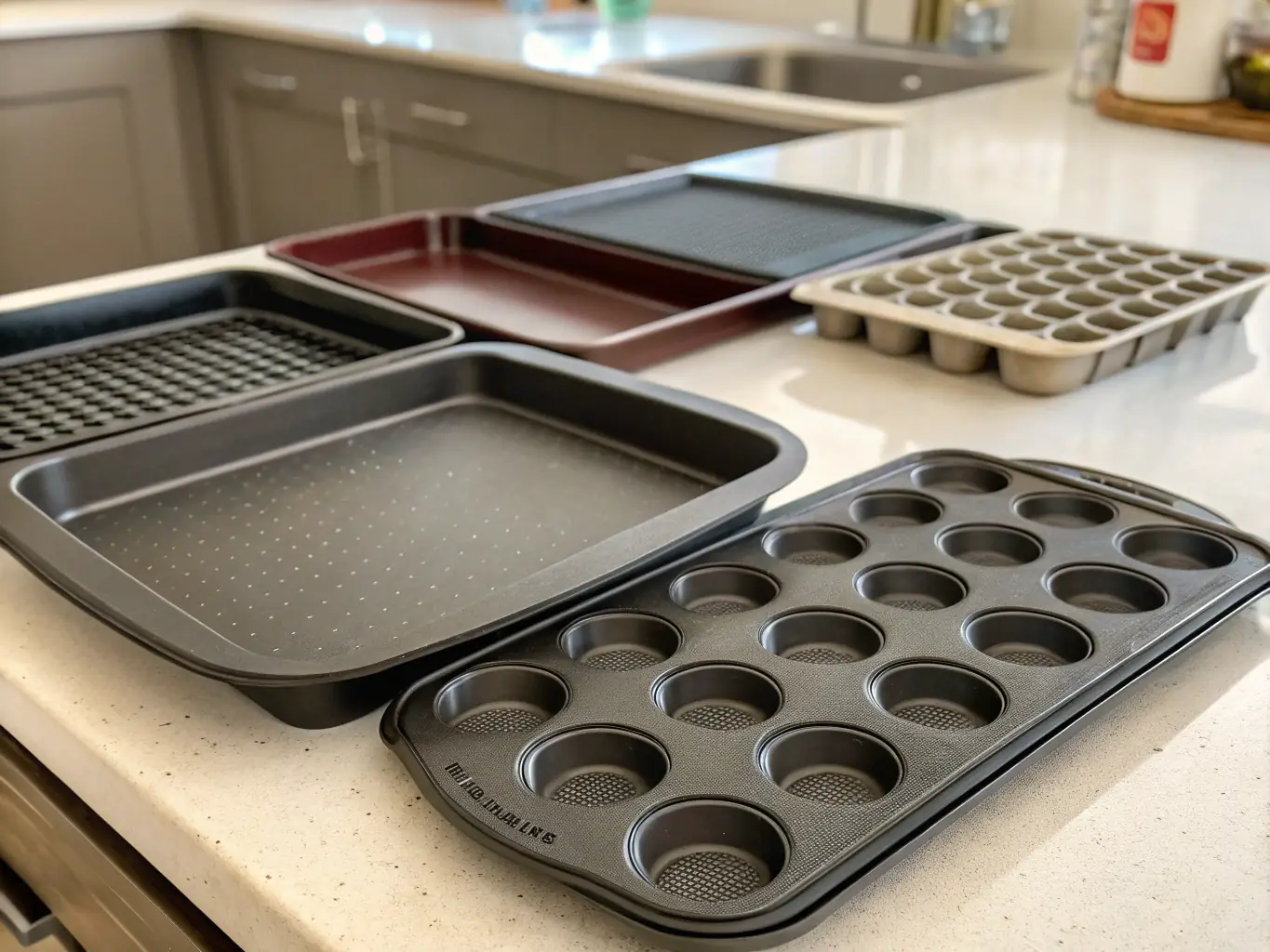 A high-quality image showcasing a variety of Pop Cookie's bakeware, including cake pans, muffin tins, and baking sheets, arranged neatly on a wooden countertop with natural light.