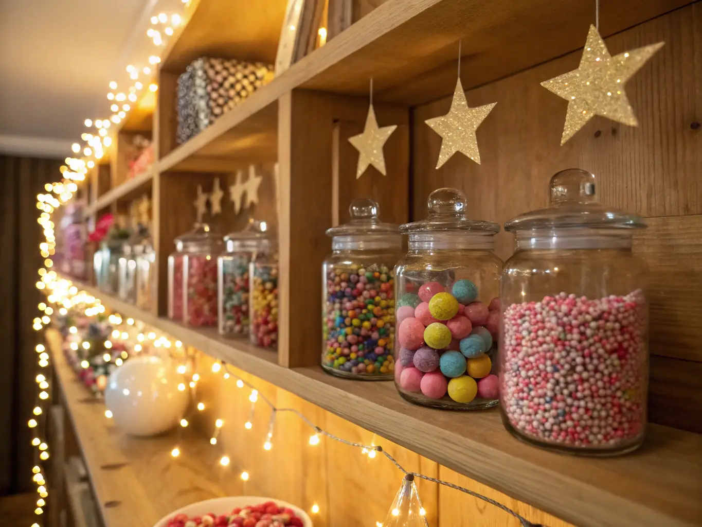 A close-up image featuring Pop Cookie's decorating essentials, including sprinkles, edible glitter, food coloring gels, and cake toppers, arranged artfully on a white surface.